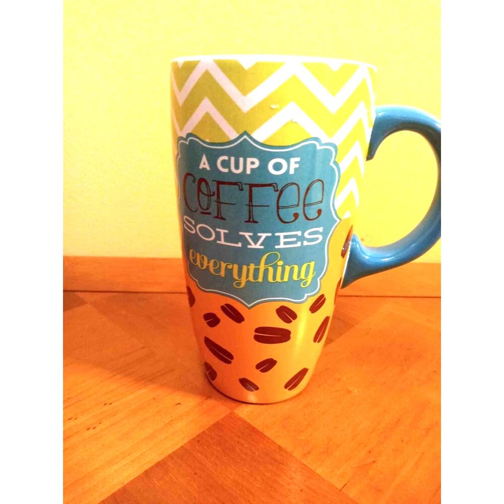 A Cup of Coffee Solves Everything"  Multi Colored Coffee Mug - 16 oz / Rare Find